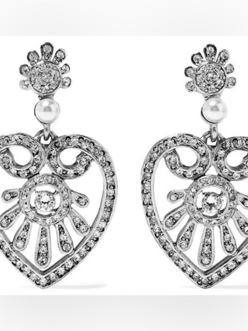 Oscar De La Renta signed ornate silver faux white pearls heart earrings Silvery